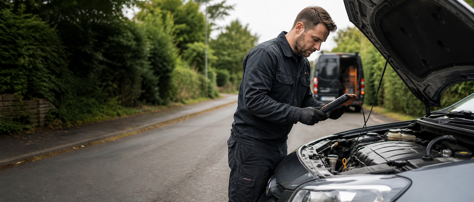 Independent mechanic diagnosing a car in a workshop